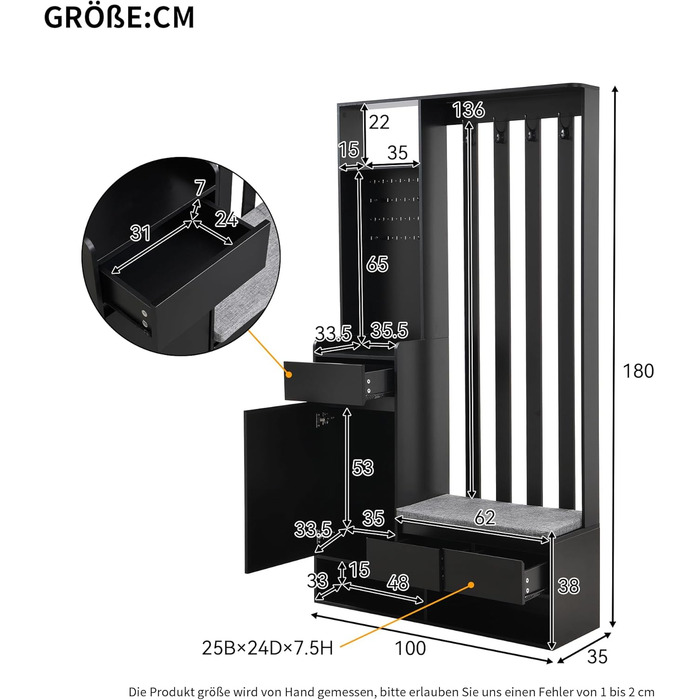 Набір вішалок для одягу Ymkua настінна вішалка, набір вішалок для передпокою з лавкою для взуття, 3 висувними ящиками і подушками,