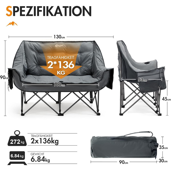 Складаний кемпінговий стілець/диван Portal для 2 осіб, вантажопідйомність 272 кг, суперм&39який з сумкою для зберігання, подвійний складний стілець/диван, товста підкладка, висока спинка для саду/балкона, сірий