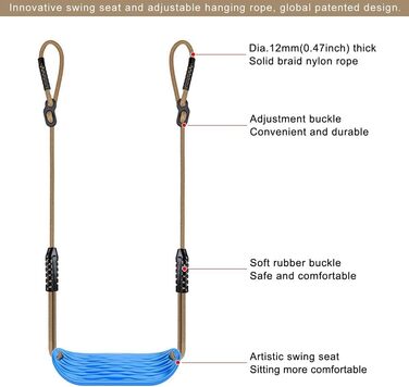Сидіння гойдалки SELEWARE Garden Games з міцного набору з регульованою мотузкою довжиною 2,04 м і 2 карабінами, міцні гойдалки на