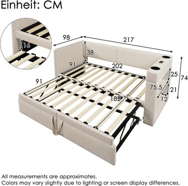 М&39який розкладний диван-ліжко 90/180x200 з USB та портом зарядки Type-C, кушетка з рейковою основою, диван-ліжко, функціональне ліжко, кушетка, без матраца, бежевий бежевий G 90x200
