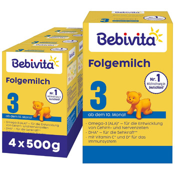 Молочна суміш Bebivita 3 для дітей віком від 10 місяців (4 x 500 г), з вітамінами C та D, Омега-3 (DHA, ALA), що насичує дитину відповідно до віку