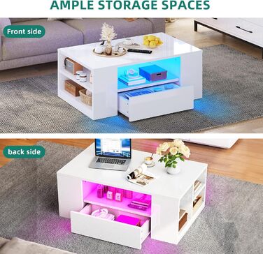 Білий журнальний столик YITAHOME, глянцевий стіл для вітальні з 16-кольоровим світлодіодним підсвічуванням, сучасний бічний столик з відкритою полицею та 2 висувними шухлядами, 95 x 55 x 37 см
