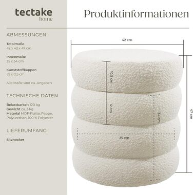 Табурет tectake для зберігання речей, пуф у скандинавському стилі з тканини букле teddy, круглий м&39який табурет для туалетного столика, меблі для вітальні, меблі для коридору, табурет для зберігання речей, Ø 42 x 47 см - букле кремово-білий 42Г x 42Ш x 
