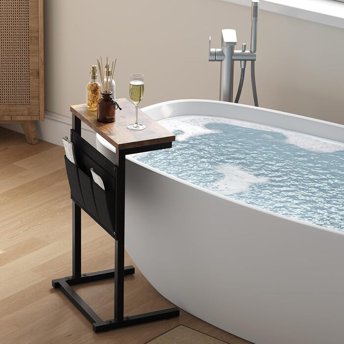 Журнальний столик HOOBRO C-подібної форми, столик до дивана, тумбочка, столик для перекусу, з 4 кишенями з тканини Оксфорд для невеликих приміщень, вітальні, спальні, ванної кімнати, вінтажний коричневий та чорний EBF43SF01