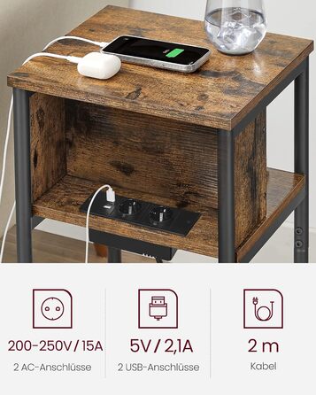 Приставний столик VASAGLE, тумбочка з розеткою, вузька, 2 розетки змінного струму, 2 порти USB, 30 x 34 x 58 см, для вітальні, спальні, вінтажний коричнево-чорний LET375B01 Рустикальний коричневий чорний