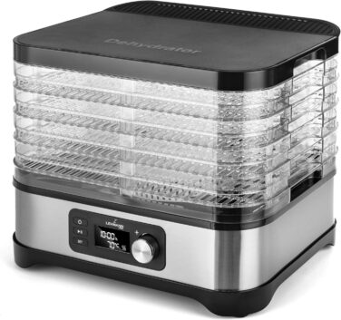 Дегідратор нержавіюча сталь 450W Сушарка для їжі з 5 рівнями дегідратора Дегідратор з регулятором температури 35-70C Сушарка для фруктів, грибів, м'яса, трав, без бісфенолу А, 4525