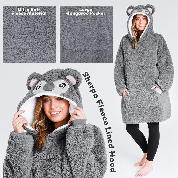 Ковдра CityComfort Oversized Hoodie з рукавами, Oversized Grey Koala