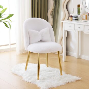 Крісло-туалет, крісло для вітальні, крісло для читання, з регульованими золотими ніжками та подушкою-бантом, імітація кролячого хутра (білий)