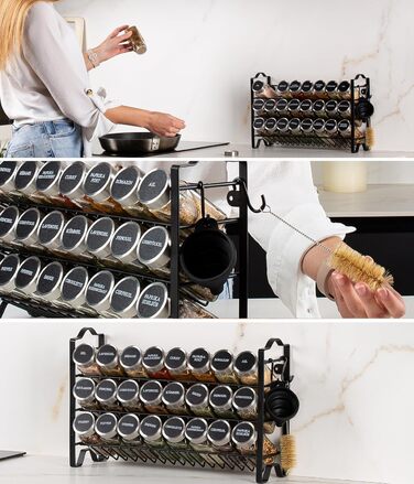 Підставка для спецій Deco haus, настінна та настінна З БАНКАМИ ДЛЯ СПЕЦІЙ ТА ЕТИКЕТКАМИ - Органайзер для спецій - Підставка для спецій - Підвісна система підставок для спецій - Зберігання спецій - Банки для спецій з полицею, чорний колір - Набір з 24 шт.
