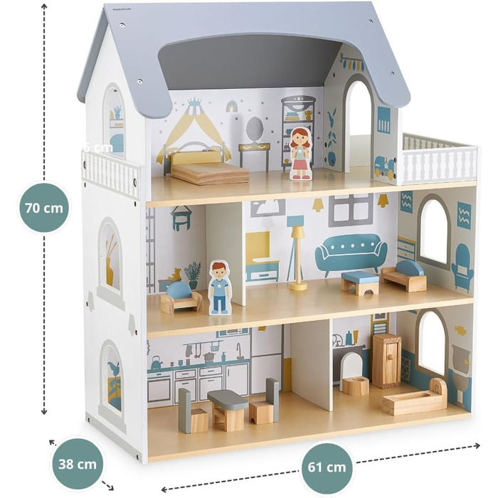 Дерев&39яний ляльковий будиночок Mamabrum, 3-поверховий, з меблями та аксесуарами - Перевірений на безпеку дитячий ігровий будиночок для рольових ігор - Ляльковий будиночок зі спальнею, вітальнею, кухнею та ванною кімнатою, сучасний мінімалістичний