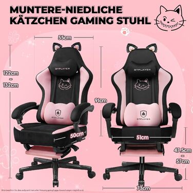 Миле ігрове крісло з оксамитовою тканиною, ергономічне офісне крісло, ігрове крісло з котячими вушками, піною з ефектом пам&39яті та підставкою для ніг, 150 кг, рожева тканина