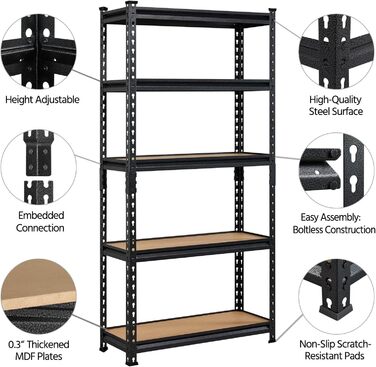 Ярусний стелаж для зберігання Yaheetech з регульованими полицями, міцний стелаж, підвальний стелаж, окремостоячий стелаж, стелаж без болтів, вантажопідйомність 175 кг на полицю, 75x30x153 см/чорний, 5-
