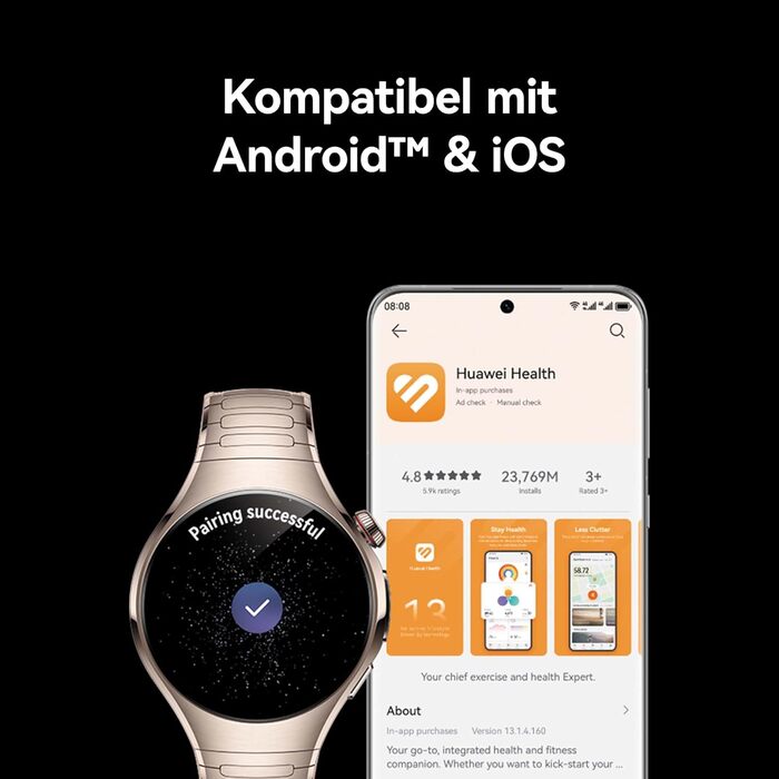Розумний годинник HUAWEI Watch 5, Health Glance, водонепроникність 5 атм, GPS, SpO2 на кінчику пальця, сумісний з Android та iOS, сапфірове скло, гарантія 30 місяців, 46 мм, чорний, автономний годинник WATCH 5 46 мм, чорний фтореластомерний ремінець