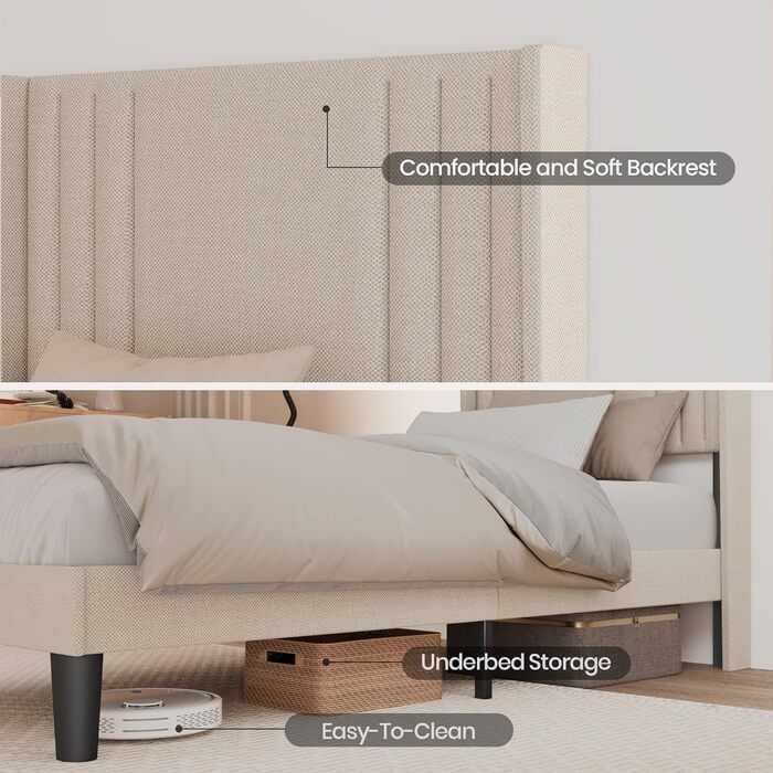 Ліжко Bealife з м&39якою оббивкою 120 x 200 см з рейковою основою міцний каркас ліжка з дерева та металу, м&39яке двоспальне ліжко з узголів&39ям для спальні та дитячої кімнати (бежевий, 120 * 200 см)