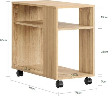 Журнальний столик SoBuy з колесами, 2-ярусний журнальний столик на колесах з відділеннями для зберігання, мобільна книжкова полиця для вітальні, спальні, офісу, Д70 x Ш35 x В60 см, натуральний колір FBT34-N