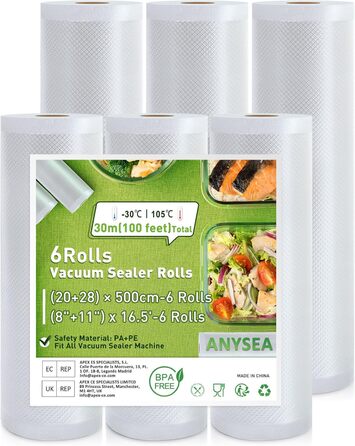 Вакуумні пакувальні пакети Anysea Вакуумна плівка Вакуумні пакети Їжа 6 рулонів вакуумних пакетів без BPA, 20/28500 см, професійна термозбіжна плівка для вакуумного пакувальника та Sous Vide 20*28*500 см 6 рулонів