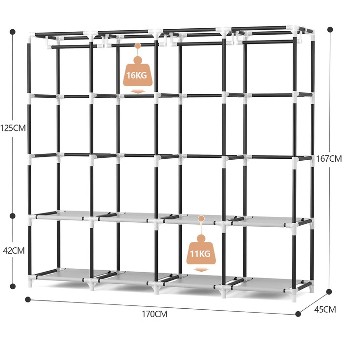 Шафа, розкладна шафа, 170*45*167 см, тканинна шафа з міцною вішалкою для одягу, з кришкою, 4 полицями для зберігання речей та 4 вішалками для одягу, текстильна шафа для спальні/підвалу (чорна)