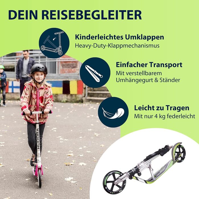 Самокат HUDORA BigWheel 205 стабільний алюмінієвий міський самокат, складаний, з регулюванням висоти та підніжкою, для дітей та дорослих (до 100 кг), сіро-зелений