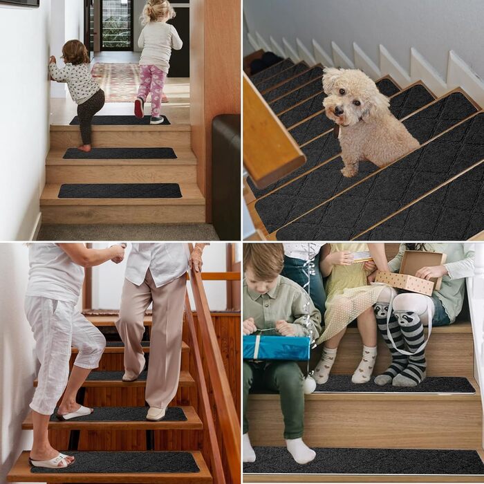 Килимки для сходів 55x19 см, самоклеючі протиковзкі килимки для сходів для використання в приміщенні, багаторазові, можна різати для дерев&39яних сходів, ідеально підходять для дітей, людей похилого віку, домашніх тварин (чорні з ромбоподібним візерунком)