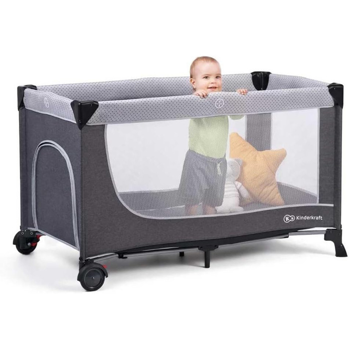 Дитяче ліжечко Kinderkraft LEODY зі спальним місцем 120 x 60 см, регульоване по висоті, з колесами, швидко та легко складається та розкладається, забезпечує циркуляцію повітря, легко транспортується з сумкою для перенесення, сірого кольору.