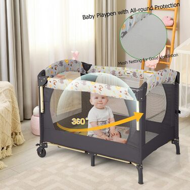 Складане дитяче ліжечко LIFEZEAL 4-в-1, приліжкове ліжечко 107 x 72 см з U-подібним тримачем для підгузків, регульоване по висоті дитяче дорожнє ліжечко, дитячий центр з музичним мобільним телефоном, дитяче дорожнє ліжечко з пеленальний килимок (сірий)