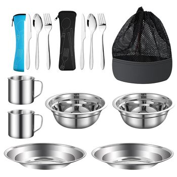 Набір посуду для кемпінгу, 15 предметів, нержавіюча сталь тарілки, миски, чашки, виделки, ложки та чохол для зберігання. Посуд з нержавіючої сталі для кемпінгу, походів та пікніків