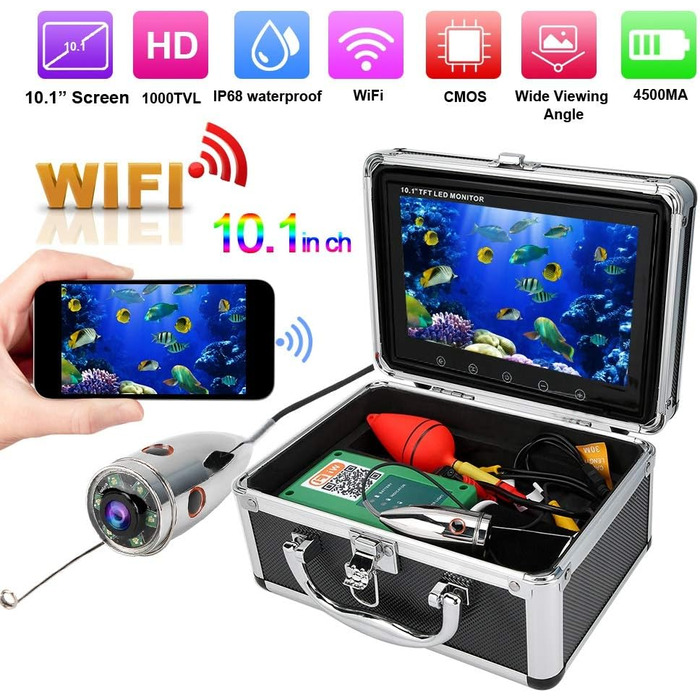 Підводна камера для риболовлі Відеореєстратор Підводний ехолот Камера для ехолота Бездротовий WiFi Відеокамера для підводної риболовлі Ехолот ІЧ підсвічування 1000 TVL Монітор Портативна відеокамера для риболовлі з коробкою 10,1 дюйма