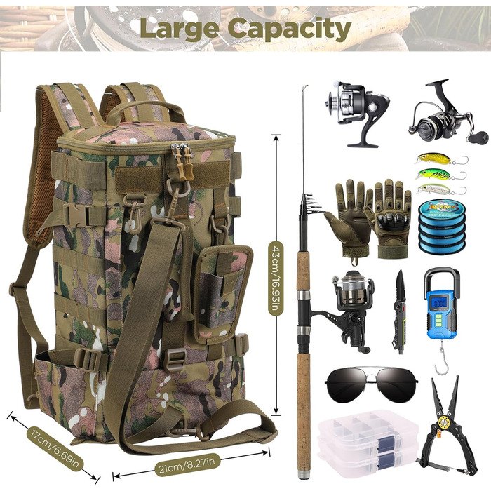 Рибальська сумка Aceshop, водонепроникний рюкзак для рибальських снастей Рюкзак для риболовлі Військова сумка через плече Тактичний туристичний рюкзак Сумка для рибальських снастей Багатофункціональний військовий рюкзак для риболовлі Походи в подорожі