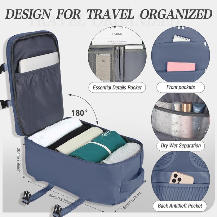 Рюкзак для ручної поклажі Ryanair 40x30x20, невеликий дорожній рюкзак, ручна поклажа, дорожній рюкзак для Ryanair, Easyjet та Wizz Air з відділенням для ноутбука та кишенею проти крадіжки, D-синій