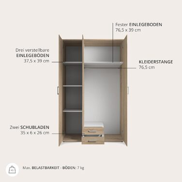 Елегантна 3-дверна шафа з великою кількістю місця для зберігання - Багатофункціональна шафа, дуб сонома, з дзеркальними дверима - 120 x 195 x 55 см, дуб сонома, 3-дверна, одинарна