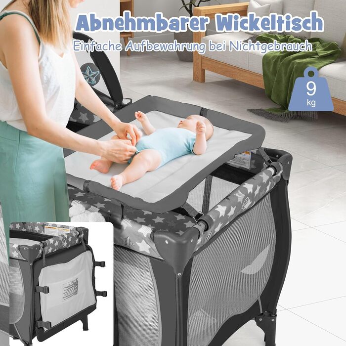 Дитяче ліжечко COSTWAY 4-в-1, портативне приліжкове ліжечко, дорожнє ліжечко зі складним матрацом, пеленальний столик, балдахін, ігрова арка та музичний мобіль, колиска з колесами, люлька для дитини до 36 місяців (сіра) темно-сіра