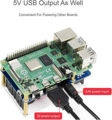 ДБЖ HAT (B) для джерела безперебійного живлення Raspberry Pi зі зв'язком по шині I2C, вихідною напругою 5 В, струмом до 5 А, схемами захисту кількох батарей