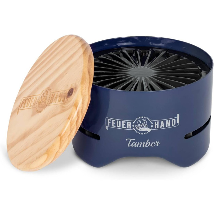 Настільний гриль Feuerhand Tamber синього кольору Емальована решітка для гриля З антипригарним покриттям Горіння з низьким рівнем диму Зливні канавки для мастила та рідин, що подаються зі столом гриль на вугіллі