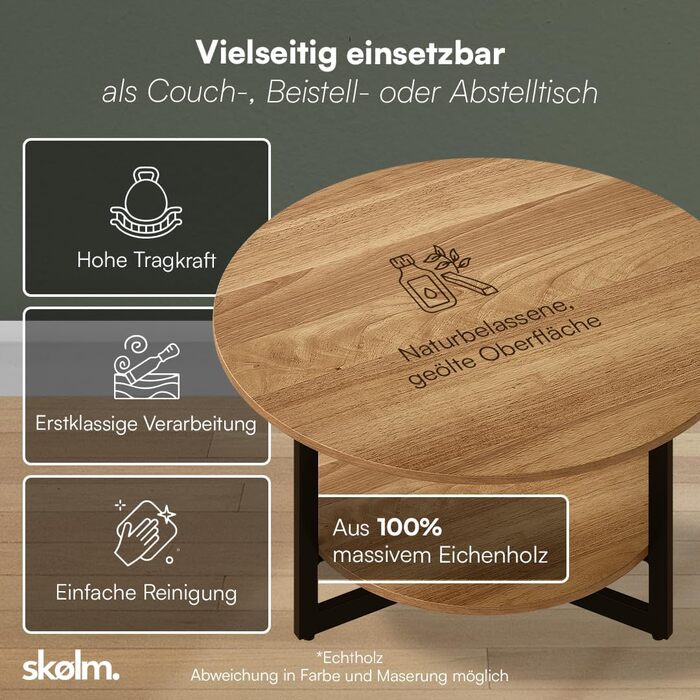 Круглий журнальний столик Skølm Drakkar Ø70 см стіл для вітальні з масиву дуба та металевого каркасу диванний столик з 2 полицями невеликий промаслений бічний столик дерев&39яний стіл для вітальні з місцем для зберігання журнальний столик