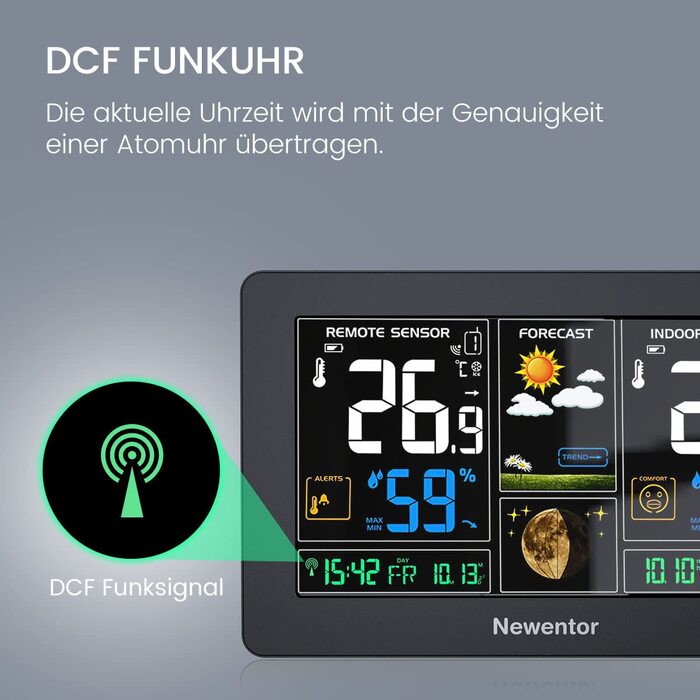 Радіостанція Newentor із зовнішнім датчиком - бездротова метеостанція з прогнозом погоди, попередженням про температуру, радіокерованим годинником DCF - робота від батареї та роботи від мережі, (1*станція 3*зовнішній датчик, чорний)