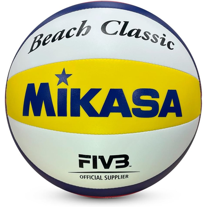 Пляжний волейбольний м'яч Mikasa Beach Classic, Розмір 5, Технологія TwinSTLock, Водонепроникний, Синій/Жовтий/Червоний