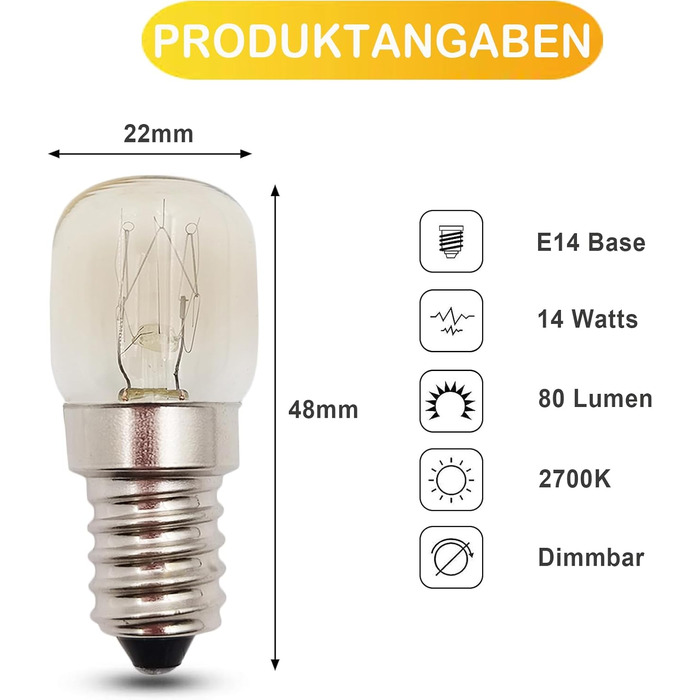 Лампа для духовки EASYIVY E14, термостійкість до 300 градусів Лампа для духовки E14 з диммуванням для духовки AEG/Neff/Whirlpool/Smeg/Bosch, мікрохвильової печі, соляної лампи, лампи для холодильника, теплий білий 2700К, 2 шт.