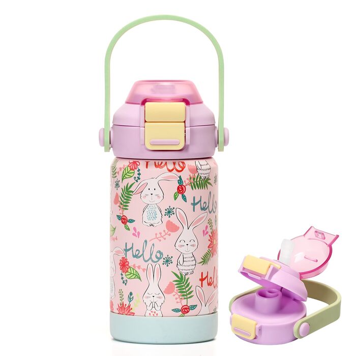 Дитяча ізольована пляшка для води з кришкою-трубочкою, 350 мл, вакуумний стаканчик з подвійною стінкою без бісфенолу А, 18/8 нержавіюча сталь, герметичний, дитячий, з трубочкою для школи, подорожей, хлопчиків, дівчаток (кролик)