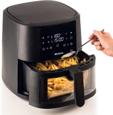Аерофритюрниця Ariete 4630, 9 л, 1500 Вт, 8 програм, функція гриля, до 3,5 кг продуктів, температура до 200 C, прозорий кошик, чорна