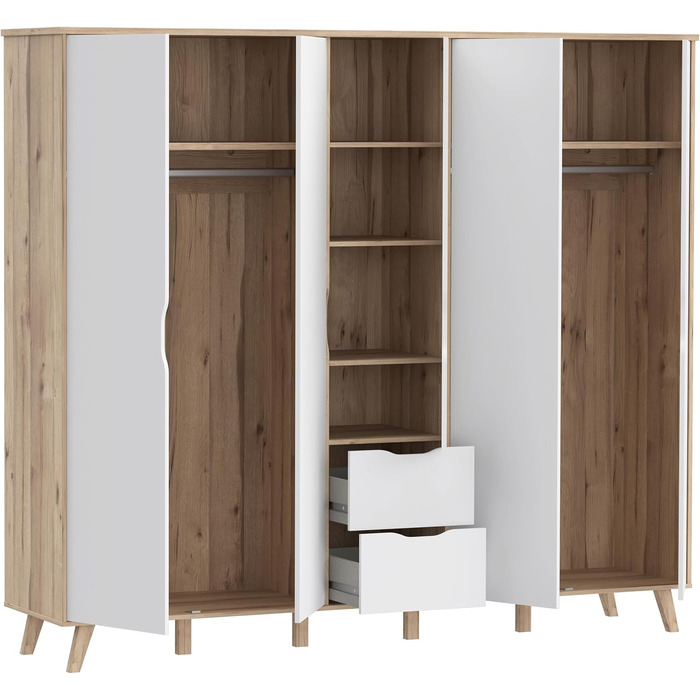 Гардероб Forte VANKKA 230, шафа в скандинавському стилі з 5 дверима на петлях та 2 шухлядами, витончені меблеві ніжки, інженерна деревина, декор дубовими дошками Білий, 228,8 см завширшки x 201,5 см заввишки x 52,7 см завглибшки. Біло-дубова 5-дверна шафа