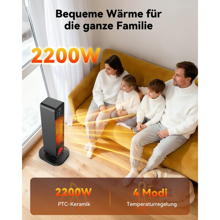 Енергозберігаючий вентилятор-обігрівач, керамічний PTC вентилятор-обігрівач потужністю 2200 Вт, тихий з дистанційним керуванням, електричний обігрівач з 4 режимами, 12-годинний таймер, термостат, режим ECO, коливання 70, захист від перегріву та перекиданн