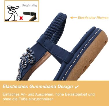 Жіночі літні шльопанці богемного крою на плоскій підошві зі стразами, розмір 36-42 41 EU, темно-сині