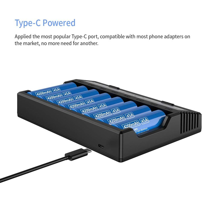 Швидкий зарядний пристрій XTAR VC8 3A USB з 8 відсіками, зарядний пристрій 21700 для акумуляторних батарей IMR 10440 16340 18650 26650 AAA AA C 5 Додатковий струм Заряджає 8 x 21700 Одночасно