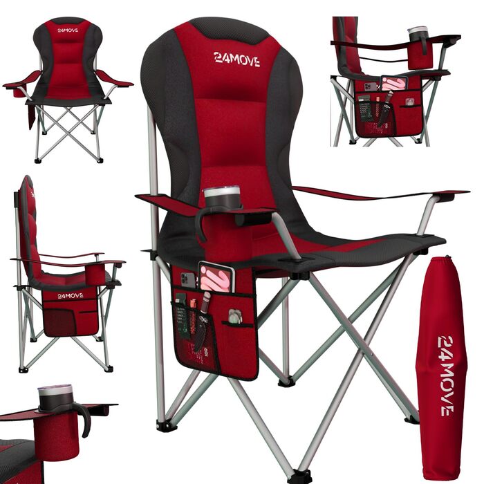 Складаний кемпінговий стілець 24MOVE, вантажопідйомність до 150 кг, складний рибальський стілець, м&39який стілець з підлокітниками, тримач для напоїв кишеня, висока спинка, пляжний стілець, складаний табурет, червоний