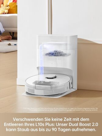 Робот-пилосос з автоматичним вивантаженням пилу, збирає пил до 90 днів, потужність всмоктування 7 000 Па, система миття DuoScrub,