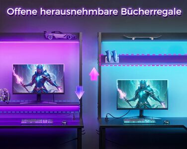 Ігровий стіл ODK зі світлодіодним підсвічуванням, 150120 см, двосторонній L-подібний стіл з 2 розетками та 2 портами зарядки USB, кутовий стіл чорного кольору з підставкою та полицею для зберігання, чорний 150120 см