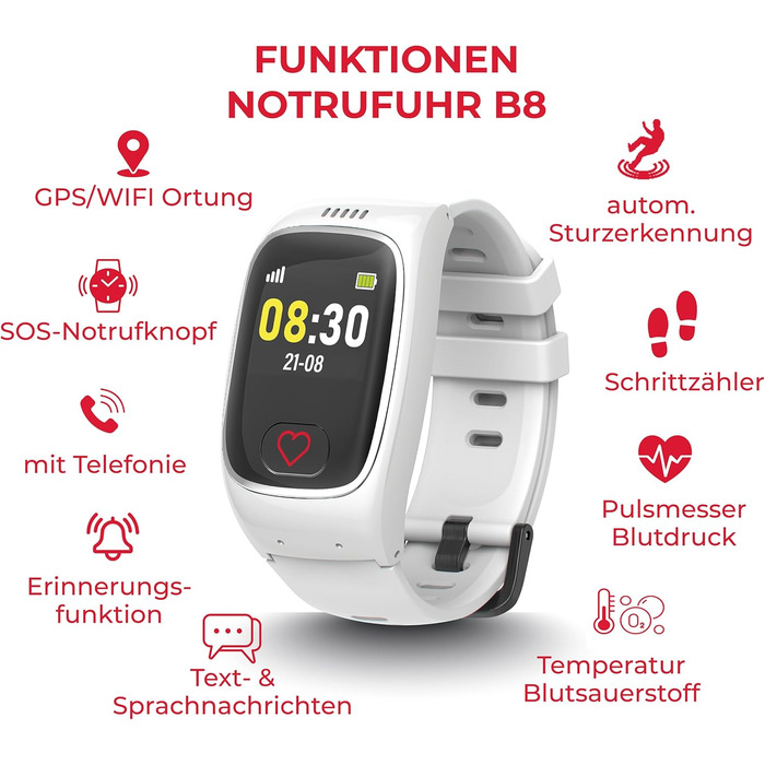 Годинник James B8 для екстрених випадків та безпеки для людей похилого віку GPS, виявлення падіння, кнопка SOS, монітор серцевого ритму, функції для здоров&39я, сімейний додаток, гучний будильник чорний/білий вкл. SIM-картку та 2 місяці безкоштовного тари