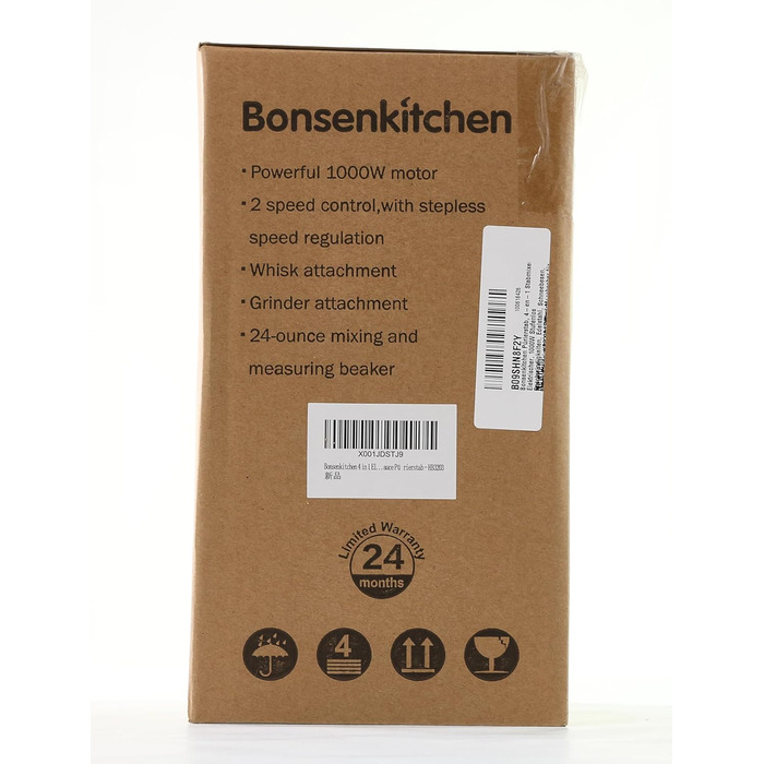 Ручний блендер Bonsenkitchen, ручний блендер 4-в-1 електричний, безступінчаста швидкість 1000 Вт, нержавіюча сталь, віночок, подрібнювач 500 мл і мірний стаканчик 700 мл для дитячого харчування, HB3203 (чорний) 4 в 1