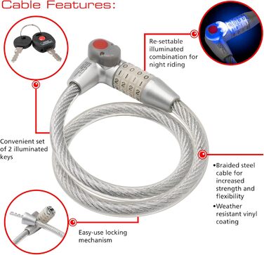 Велозамок Burg-Wchter спіральний з кодовим замком та підсвічуванням, модель 230 180 L з тримачем, захист від крадіжки, довжина 180 см, діаметр 12 мм, асортимент кольорів, довжина тримача 65 см