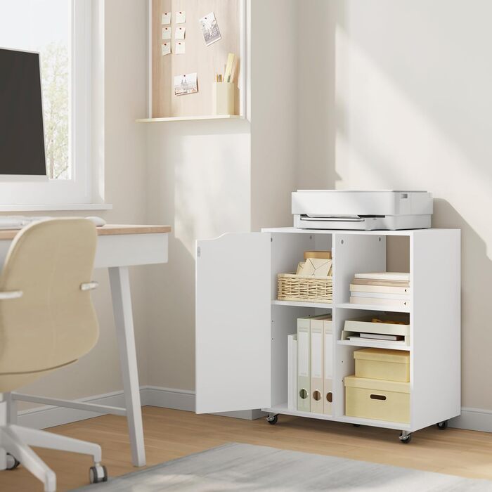 Шафа для документів WOLTU з колесами, стіл для принтера з 3 відкритими відділеннями, 1 дверцята, регульовані полиці, для дому та офісу, 60x70x35 см, білий